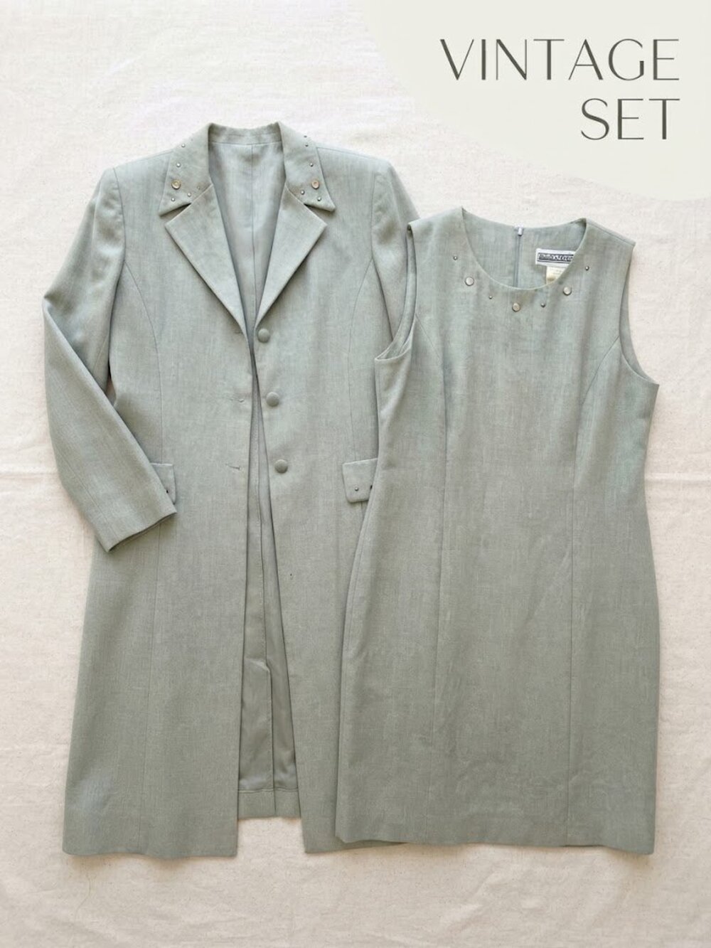 Vintage Y2K 90's Jessica Howard 2Pc Dress Coat Set Sage Green Beaded Size 14